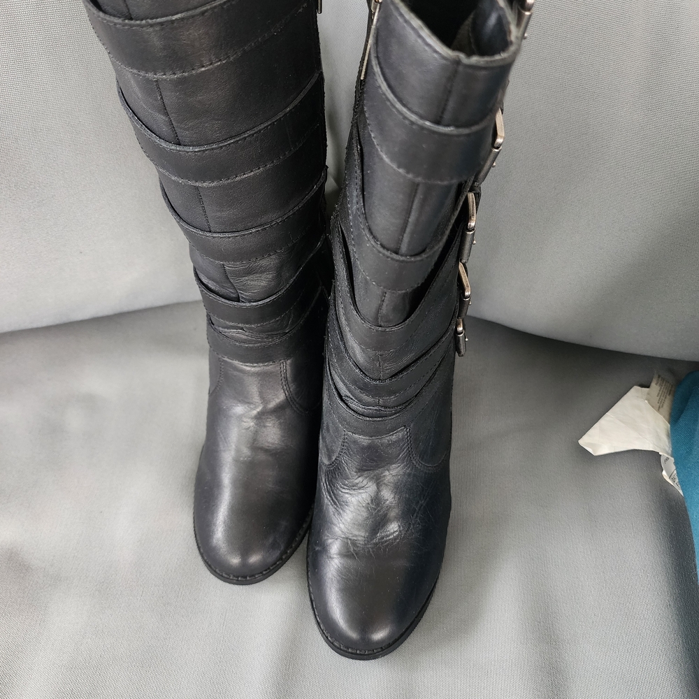 Harley-Davidson Black Strapped Leather Heeled Knee Boots - Picture 2 of 7